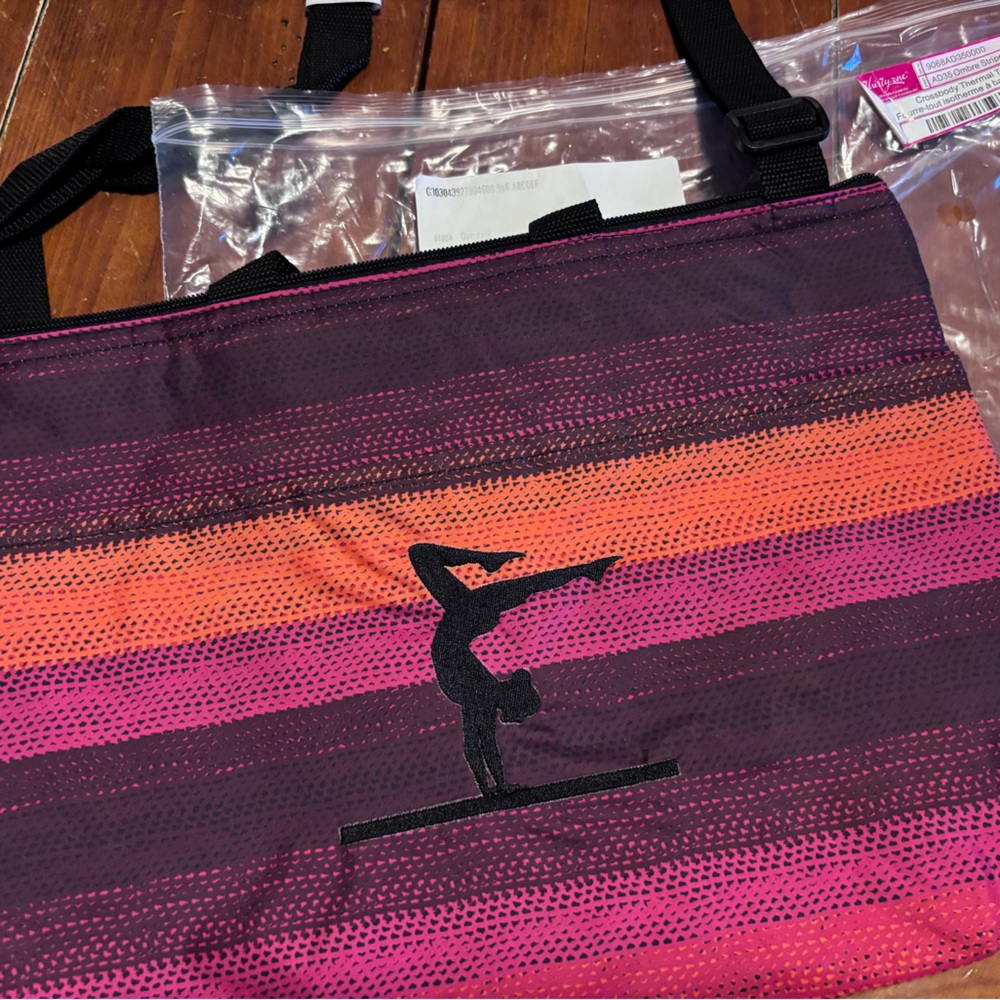 Thirty-One Crossbody Thermal Tote Ombré Stripe w/ Gymnastics Embroidery NWT